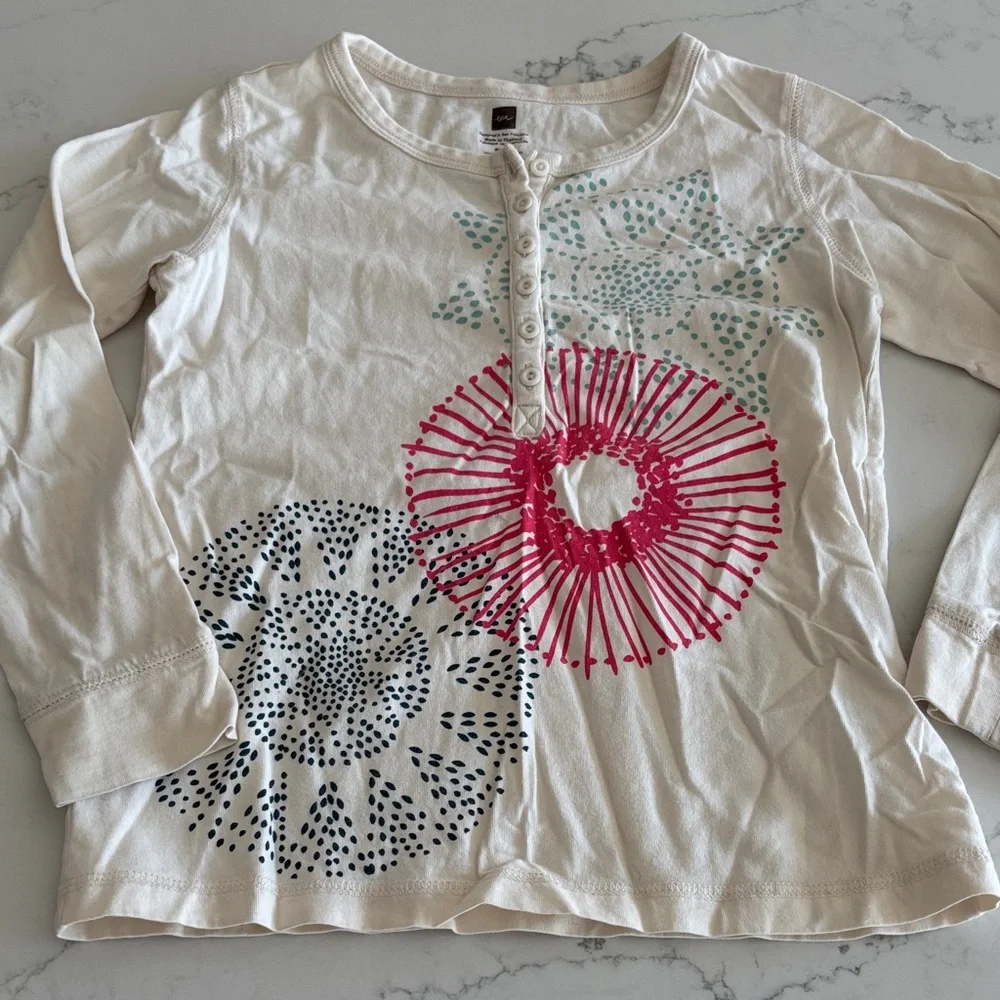 Tea Collection Cream Long Sleeve Tee with Pink and Black Designs